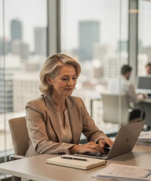 Image of a woman working at on a laptop. She is sat in a modern office with city views behind her