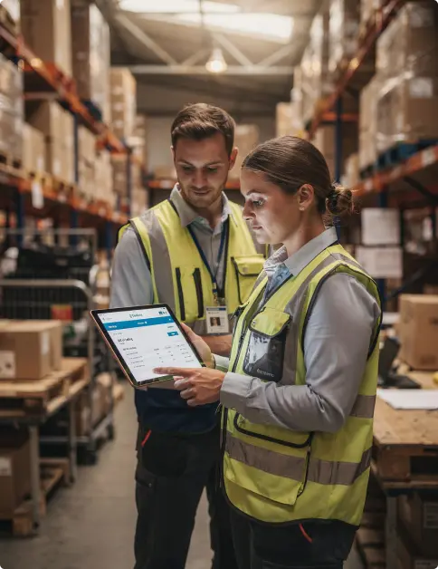 Image of two workers in high vis jackets looking through shipping documentation on a tablet