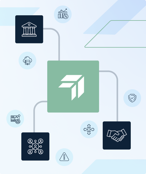 A visual with the Conpend icon centred being fed into with icons for Banks, Trade finance and Operations. These icons are further surronded by icons in a node style showing data, security and compliance