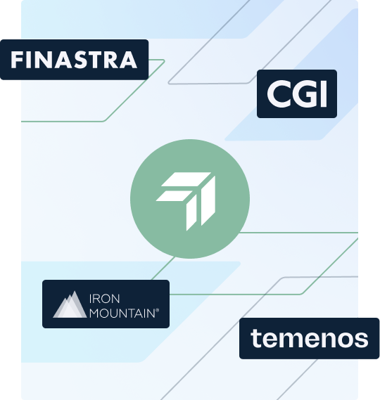 Graphic showing a central Conpend icon surronded by partner logos; Finastra, CGI, Iron Mountain and Temenos