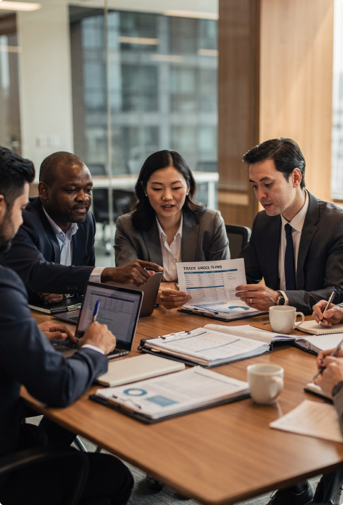 Image of 4 trade finance experst looking through trade documents in a modern office meeting room