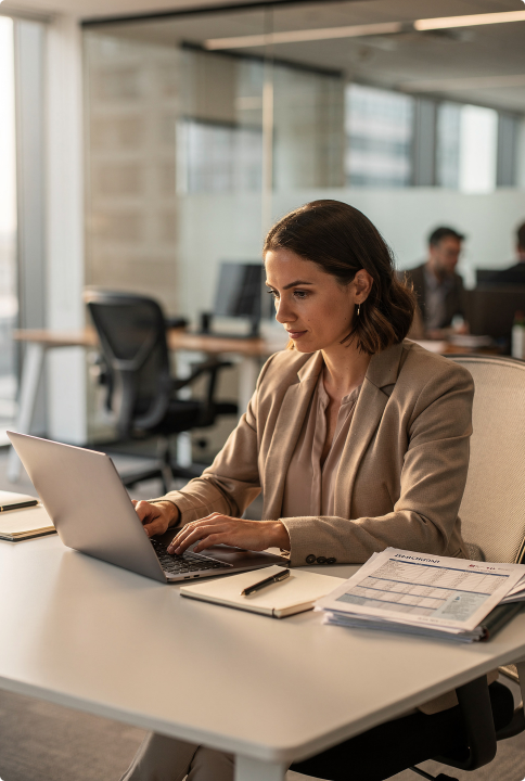 Woman working on a laptop at at desk in a modern office