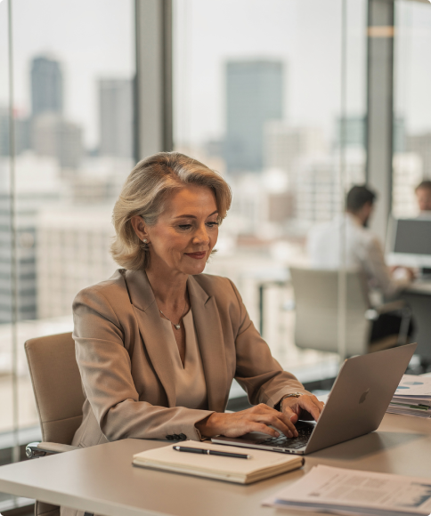 Image of a woman working at on a laptop. She is sat in a modern office with city views behind her